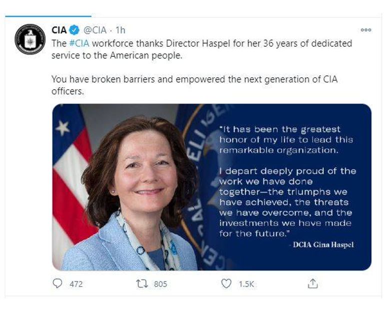 Профилът на ЦРУ в Twitter  съобщава, че директорът Джина Хаспъл е подала оставка